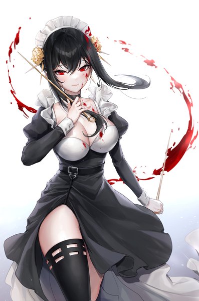 Anime picture 3000x4536 with spy x family yor briar clearpage single long hair tall image looking at viewer blush fringe highres breasts light erotic black hair simple background hair between eyes red eyes large breasts standing holding cleavage