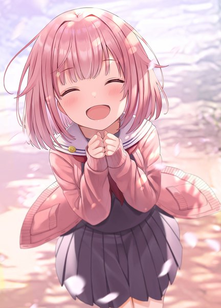 Anime picture 1081x1500 with project sekai ootori emu yuuka nonoko single tall image blush fringe short hair open mouth pink hair outdoors blunt bangs eyes closed long sleeves from above sleeves past wrists happy ^ ^ ^o^ girl