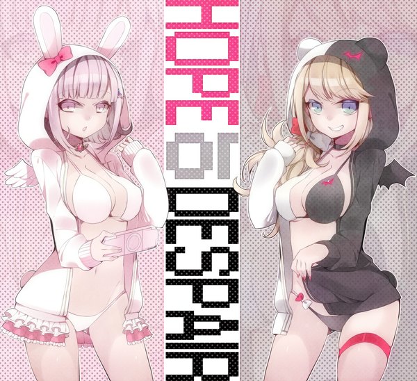 Anime picture 1094x1000 with dangan ronpa super dangan ronpa 2 enoshima junko nanami chiaki lari long hair looking at viewer blush fringe breasts open mouth blue eyes light erotic blonde hair smile large breasts multiple girls animal ears pink hair nipples