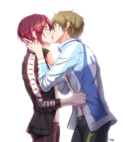 Anime picture 900x1034 with free! kyoto animation matsuoka rin tachibana makoto tobi (mue86) tall image fringe short hair light erotic simple background hair between eyes brown hair standing white background signed red hair eyes closed profile open jacket multiple boys