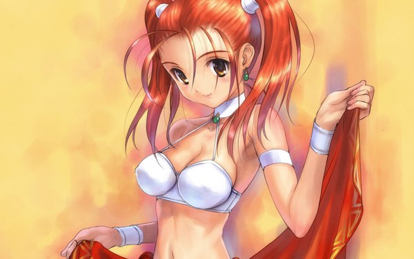 Anime picture 1680x1050 with dragon quest dragon quest viii jessica albert goto p long hair looking at viewer blush breasts light erotic smile wide image twintails brown eyes red hair wallpaper yellow background girl swimsuit earrings bikini