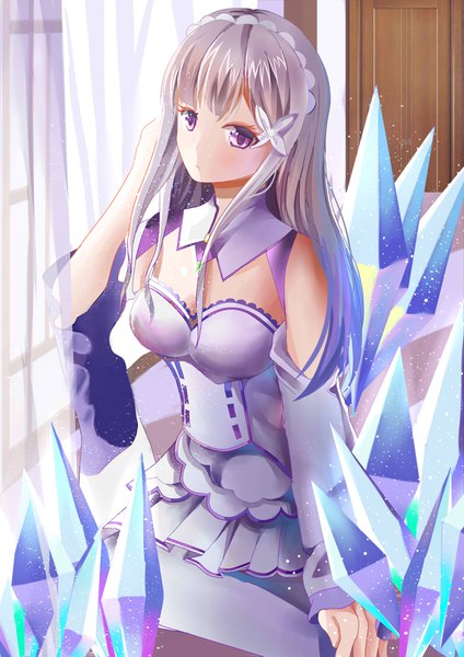 Anime picture 2480x3507 with re:zero kara hajimeru isekai seikatsu white fox emilia (re:zero) yinranluo single long hair tall image looking at viewer blush fringe highres breasts sitting purple eyes bare shoulders payot indoors grey hair wide sleeves shiny