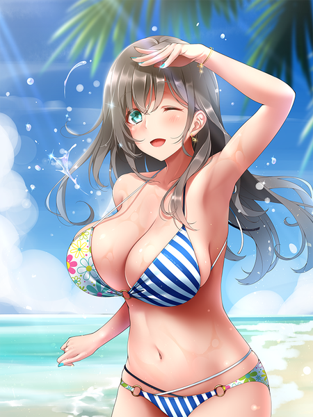 Anime picture 750x1000 with original midoriiro no shinzou single long hair tall image blush fringe breasts open mouth light erotic hair between eyes standing looking away sky cleavage cloud (clouds) outdoors nail polish one eye closed arm up