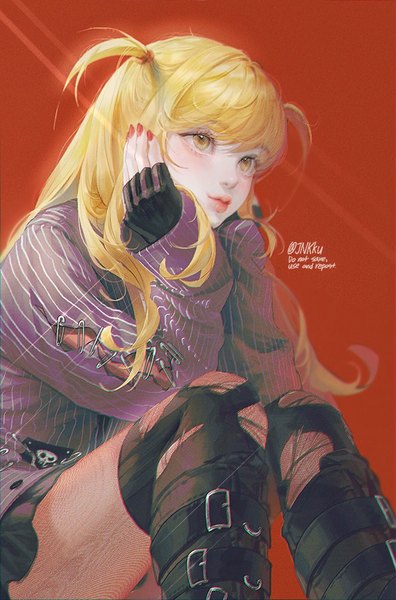 Anime picture 806x1220 with death note madhouse amane misa jnkku single long hair tall image simple background blonde hair sitting signed yellow eyes looking away nail polish lips two side up twitter username red background head rest red nail polish