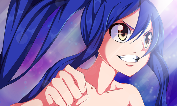 Anime picture 5000x3000 with fairy tail wendy marvell getaxy single long hair highres smile wide image twintails bare shoulders yellow eyes blue hair absurdres sunlight loli grin coloring girl fist