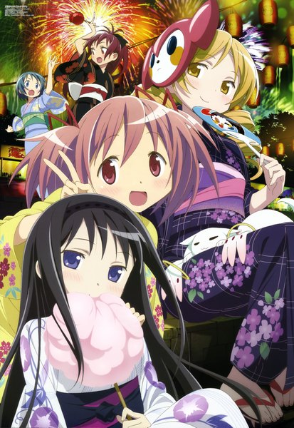 Anime picture 6078x8817 with mahou shoujo madoka magica shaft (studio) megami magazine akemi homura kaname madoka sakura kyouko miki sayaka tomoe mami kyuubee nakamura naoto long hair tall image highres short hair open mouth blue eyes black hair blonde hair red eyes purple eyes