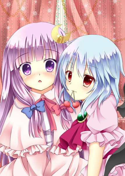 Anime picture 732x1024 with touhou remilia scarlet patchouli knowledge iris yayoi long hair tall image looking at viewer blush short hair red eyes purple eyes multiple girls blue hair purple hair girl dress hair ornament bow 2 girls hair bow