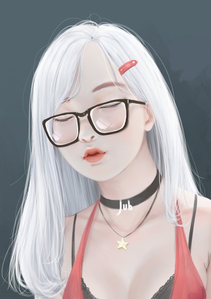 Anime picture 2480x3508 with original mio (jubi) jubi (regiana) single long hair tall image highres simple background bare shoulders signed upper body white hair eyes closed parted lips realistic lipstick dark background red lipstick girl choker