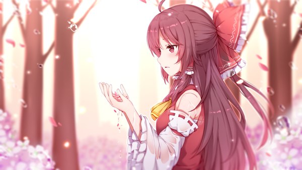 Anime picture 1920x1080 with touhou hakurei reimu flocflower single long hair blush fringe highres open mouth brown hair wide image brown eyes looking away upper body ahoge profile wide sleeves depth of field wet clothes girl