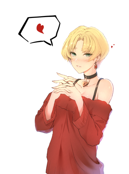 Anime picture 1425x1913 with original limeblock single tall image looking at viewer blush fringe short hair breasts simple background blonde hair standing bare shoulders green eyes cleavage long sleeves parted lips off shoulder interlocked fingers girl