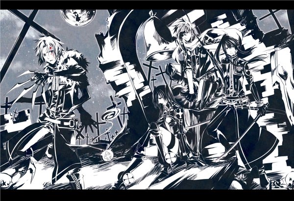 Anime picture 1797x1230 with d.gray-man allen walker kanda yuu lavi lenalee lee timcanpy millennium earl aoi shizuka long hair highres short hair black hair standing sitting twintails looking away white hair ponytail night multiple boys