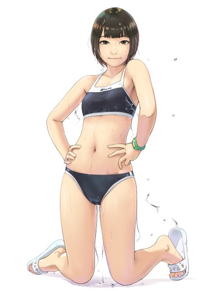 Anime picture 859x1214 with original carina (xiaowoo) single tall image looking at viewer fringe short hair breasts light erotic simple background brown hair white background brown eyes wet kneeling flat chest hands on hips bob cut girl swimsuit
