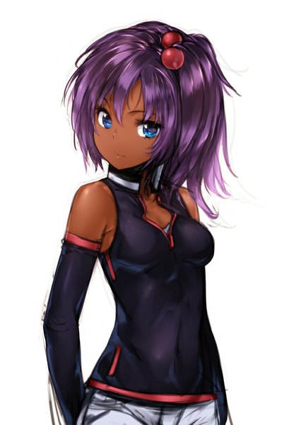 Anime picture 727x1084 with sd gundam g generation rachel ransom zizi (zz22) single tall image looking at viewer blue eyes simple background standing white background bare shoulders purple hair ponytail dark skin side ponytail girl hair ornament detached sleeves hair tie hair bobbles