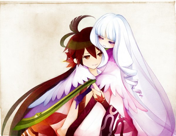 Anime picture 900x700 with katanagatari white fox togame yasuri shichika pallhkari blush fringe simple background brown hair purple eyes brown eyes looking away ahoge white hair ponytail long sleeves very long hair traditional clothes japanese clothes light smile