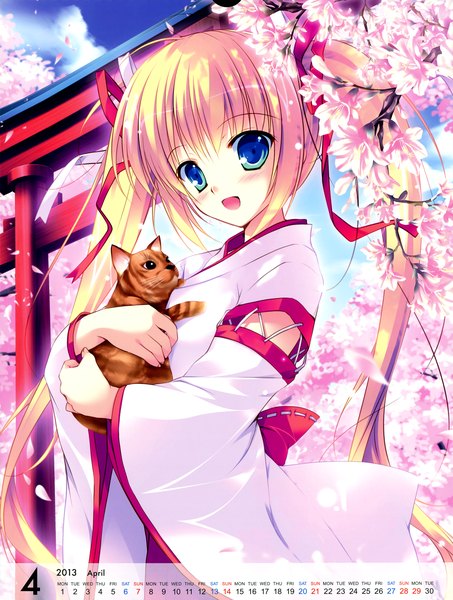 Anime picture 3823x5063 with original mikeou single long hair tall image blush highres open mouth blue eyes blonde hair twintails absurdres traditional clothes cherry blossoms miko calendar 2013 girl ribbon (ribbons) hair ribbon petals