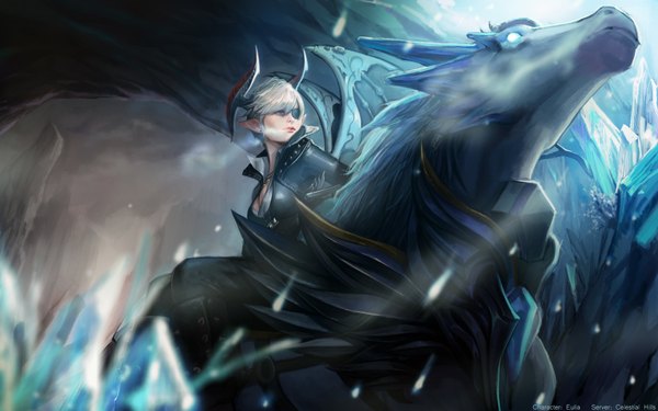 Anime picture 1920x1200 with tera online castanic (tera) noa ikeda single highres short hair blue eyes silver hair horn (horns) lips pointy ears exhalation girl earrings animal eyepatch clothes