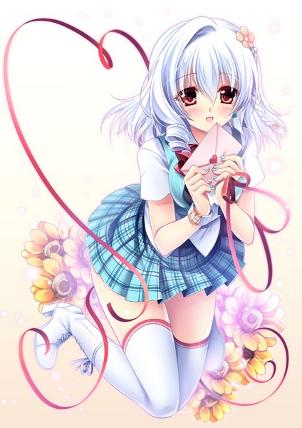 Anime picture 737x1042 with original sakurano tsuyu single tall image blush short hair open mouth red eyes white hair drill hair girl thighhighs skirt uniform flower (flowers) ribbon (ribbons) school uniform white thighhighs love letter