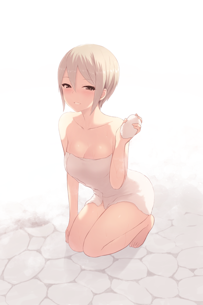 Anime picture 2598x3898 with idolmaster idolmaster cinderella girls shiomi shuuko cait single tall image looking at viewer blush fringe highres short hair breasts light erotic simple background blonde hair hair between eyes white background bare shoulders holding brown eyes