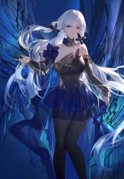 Anime picture 2126x3071 with azur lane illustrious (azur lane) swd3e2 single tall image looking at viewer fringe highres breasts blue eyes hair between eyes large breasts standing bare shoulders holding silver hair bent knee (knees) very long hair arm up mole