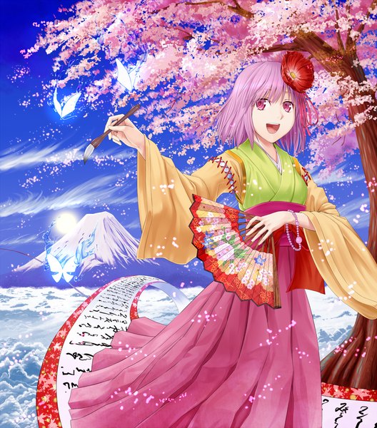 Anime picture 1500x1704 with touhou hieda no akyuu masa07240 single tall image short hair open mouth purple eyes purple hair cloud (clouds) traditional clothes japanese clothes hair flower cherry blossoms mountain girl hair ornament petals insect butterfly
