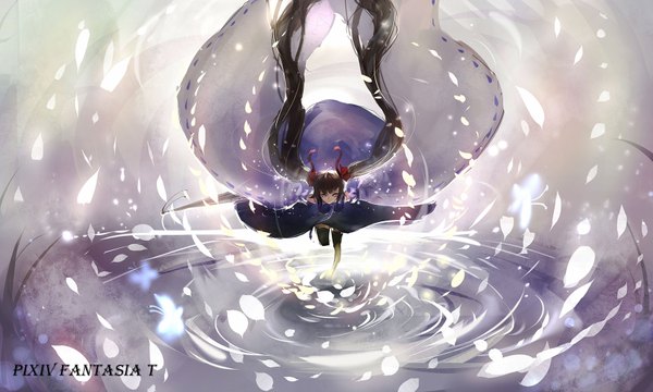 Anime picture 1700x1020 with original pixiv fantasia pixiv fantasia t sishenfan single looking at viewer fringe blue eyes black hair wide image standing twintails bent knee (knees) very long hair long sleeves wide sleeves leaning leaning forward standing on one leg leg lift (legs lift)