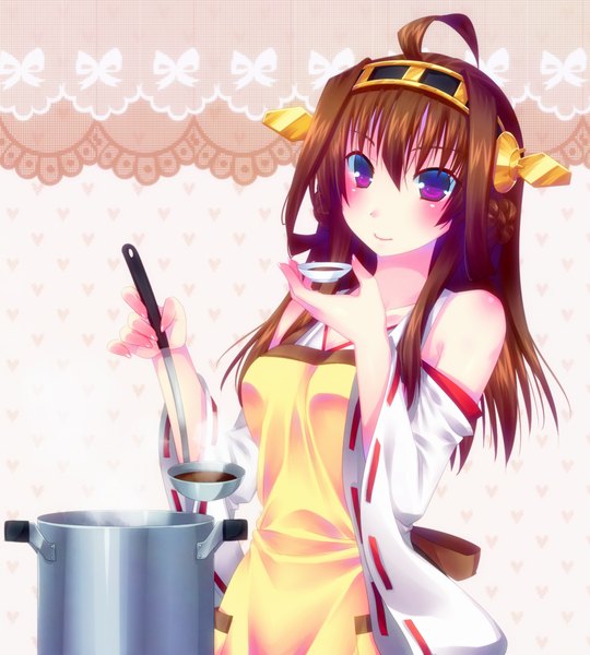 Anime-Bild 900x1000 mit kantai collection kongou battleship door to heaven single long hair tall image looking at viewer blush brown hair purple eyes bare shoulders ahoge nontraditional miko cooking girl hair ornament detached sleeves apron