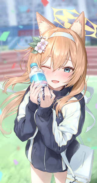 Anime picture 1315x2467 with blue archive mari (blue archive) mari (gym uniform) (blue archive) greenkohgen single long hair tall image looking at viewer blush fringe open mouth blue eyes hair between eyes animal ears outdoors orange hair official alternate costume ;d girl headband