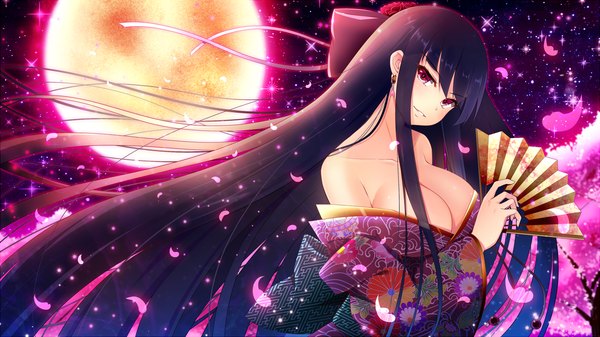 Anime picture 1600x900 with original akine (kuroyuri) single looking at viewer breasts light erotic black hair red eyes wide image cleavage very long hair traditional clothes japanese clothes girl bow hair bow petals kimono moon fan