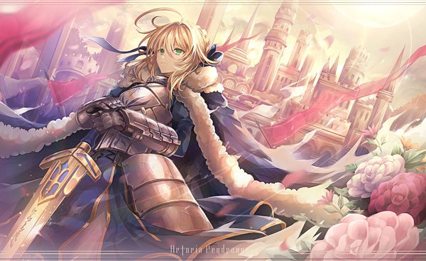 Anime picture 950x583 with fate (series) fate/grand order fate/stay night artoria pendragon (all) saber yunohito single long hair fringe hair between eyes wide image green eyes looking away ahoge wind character names girl flower (flowers) weapon sword