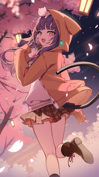Anime picture 2304x4096 with heaven burns red asakura karen (heaven burns red) ikomochi single long hair tall image blush fringe highres open mouth standing twintails purple hair outdoors tail blunt bangs long sleeves :d animal tail pink eyes