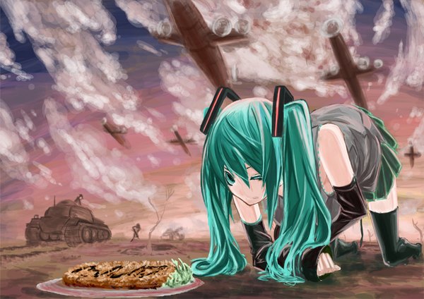 Anime picture 1754x1240 with vocaloid hatsune miku single long hair highres twintails green eyes sky cloud (clouds) one eye closed green hair wink girl skirt detached sleeves miniskirt thigh boots ground vehicle aircraft airplane