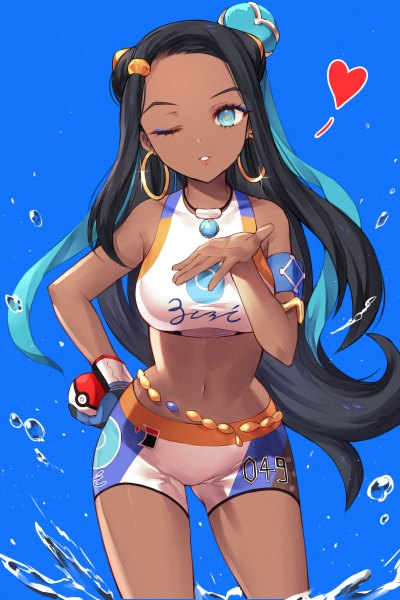 Anime picture 800x1200 with pokemon pokemon (game) pokemon swsh nintendo nessa (pokemon) kh (kh 1128) single long hair tall image looking at viewer breasts blue eyes light erotic black hair simple background hair between eyes standing holding blue hair parted lips