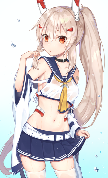 Anime picture 1250x2047 with azur lane ayanami (azur lane) kon (k0n16) single tall image blush fringe light erotic simple background hair between eyes red eyes standing holding payot silver hair ponytail very long hair head tilt pleated skirt arm up