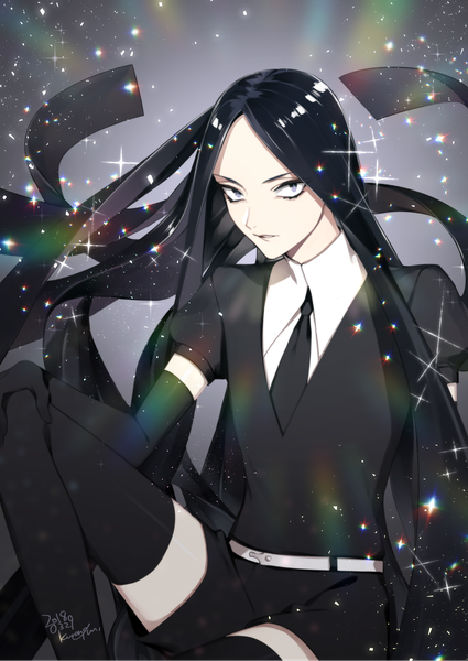 Anime picture 1200x1695 with houseki no kuni bort kurono yuu single tall image looking at viewer black hair sitting signed very long hair black eyes sparkle dated androgynous thighhighs gloves uniform black thighhighs black gloves necktie