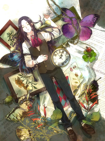 Anime picture 1200x1600 with hunter x hunter illumi zoldyck zoff (daria) single long hair tall image open mouth black hair full body lying eyes closed on back text sleeping english twisty sleeves boy book (books) insect butterfly