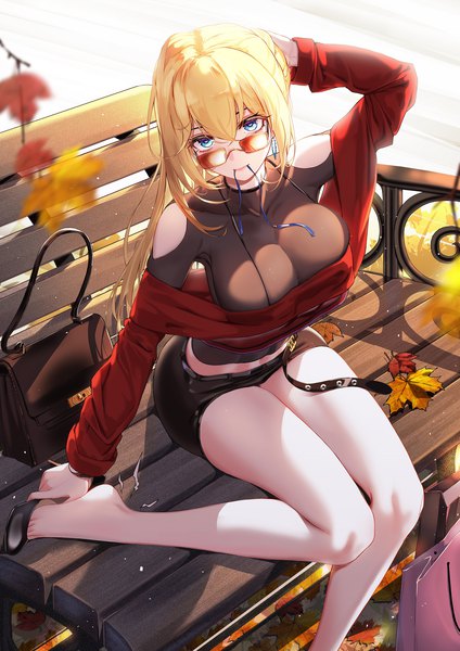 Anime picture 1500x2121 with azur lane jeanne d'arc (azur lane) 5555 96 single long hair tall image looking at viewer fringe breasts blue eyes light erotic blonde hair hair between eyes large breasts sitting holding payot cleavage outdoors arm up