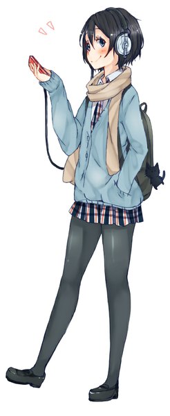 Anime picture 420x1024 with original ku ra ta single tall image looking at viewer blush short hair black hair simple background smile white background pleated skirt plaid skirt hand in pocket girl skirt animal pantyhose headphones scarf