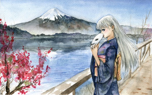 Anime picture 1596x1000 with original frank leung single long hair looking at viewer blush fringe blue eyes standing sky silver hair upper body outdoors blunt bangs traditional clothes japanese clothes profile wide sleeves cherry blossoms reflection