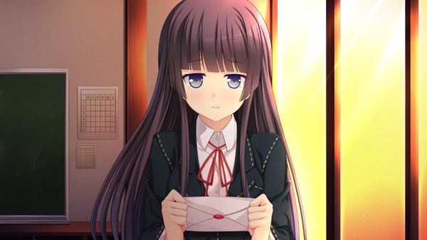 Anime picture 2560x1440 with kanojo step kisaragi noe single long hair looking at viewer blush highres blue eyes black hair wide image game cg girl uniform school uniform love letter