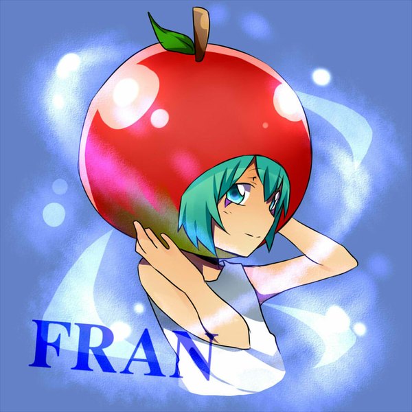 Anime picture 1000x1000 with katekyou hitman reborn fran (khr) matsurinnu single looking at viewer short hair simple background smile bare shoulders green eyes profile green hair inscription blue background boy leaf (leaves) cap apple