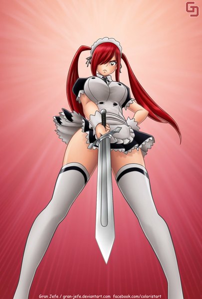 Anime picture 800x1184 with fairy tail erza scarlet gran-jefe single long hair tall image fringe light erotic twintails red hair hair over one eye from below maid orange eyes hand on hip coloring pink background girl thighhighs weapon