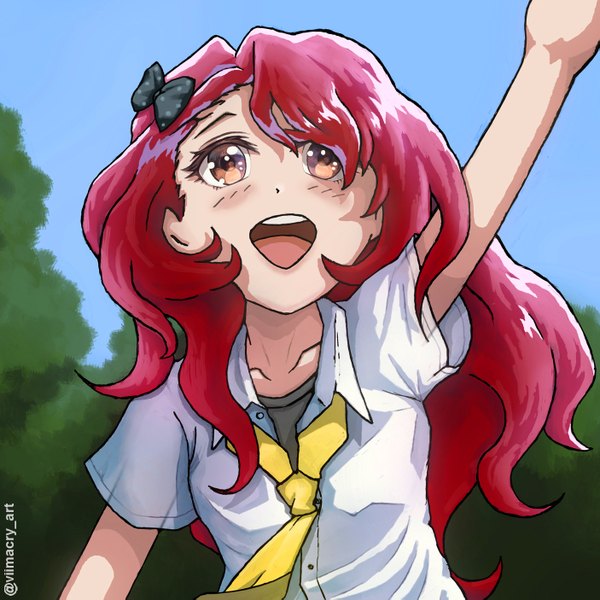 Anime picture 1405x1405 with original viimacry_art single long hair blush fringe open mouth smile hair between eyes standing brown eyes signed sky cloud (clouds) outdoors red hair :d arm up teeth short sleeves