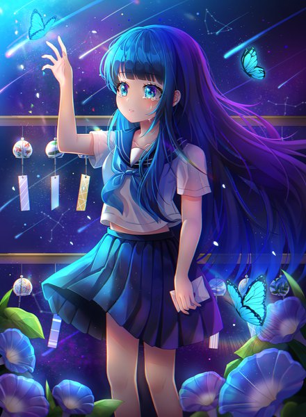 Anime picture 3000x4093 with original hayun single long hair tall image blush fringe highres blue eyes standing holding payot blue hair looking away outdoors blunt bangs parted lips pleated skirt arm up wind