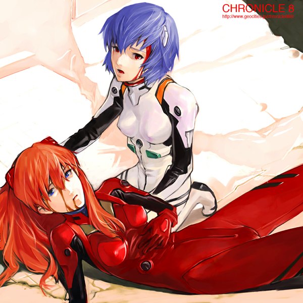 Anime picture 1181x1181 with neon genesis evangelion gainax soryu asuka langley ayanami rei kiyohisa long hair short hair blue eyes light erotic red eyes multiple girls blue hair orange hair girl 2 girls blood pilot suit