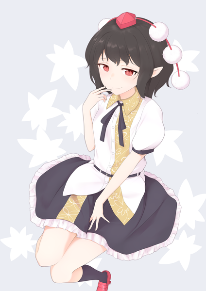 Anime picture 2026x2865 with touhou shameimaru aya kanpa (campagne 9) single tall image looking at viewer highres short hair black hair simple background smile red eyes from above pointy ears grey background short sleeves frilly skirt girl skirt socks