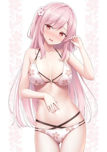 Anime picture 2508x3541 with original karutamo single long hair tall image looking at viewer blush fringe highres breasts open mouth light erotic simple background red eyes large breasts standing white background payot pink hair cleavage