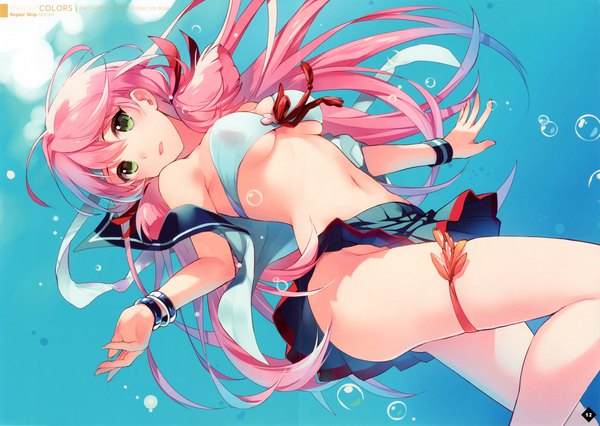 Anime picture 4263x3030 with kantai collection akashi repair ship wadatsumi garland single long hair looking at viewer highres breasts open mouth light erotic green eyes pink hair absurdres scan girl skirt swimsuit miniskirt bikini