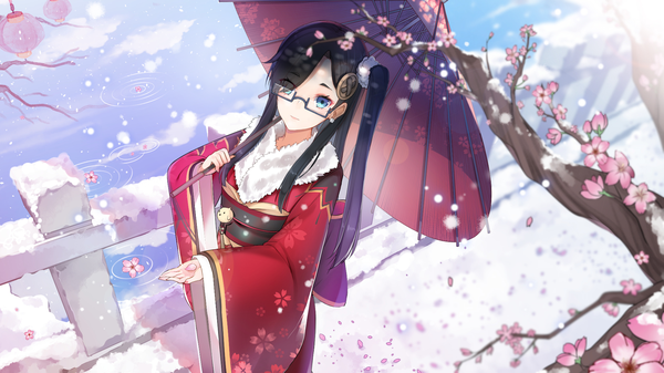 Anime picture 1920x1080 with original freeze (867139) single long hair looking at viewer fringe highres blue eyes black hair wide image standing holding long sleeves traditional clothes japanese clothes from above hair over one eye wide sleeves shadow depth of field
