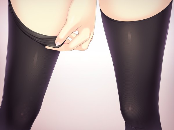 Anime picture 2232x1674 with original ochinsama single highres light erotic simple background fingernails legs close-up head out of frame adjusting clothes adjusting legwear girl thighhighs black thighhighs