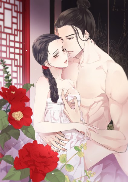 Anime picture 1200x1700 with original nayuta/iho long hair tall image blush short hair breasts open mouth light erotic black hair sitting bare shoulders brown eyes looking away cleavage braid (braids) light smile blurry hair bun (hair buns) couple